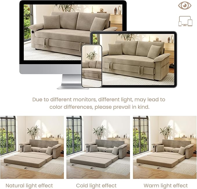 SUNWAVE Oversized Loveseat Sleeper Sofa 77 Convertible Sofa Bed 2-Seat Pull Out Couch w/USB Chenille Queen Folding Sofa Bed for Living Room Small Spaces Bedroom (Chestnut)