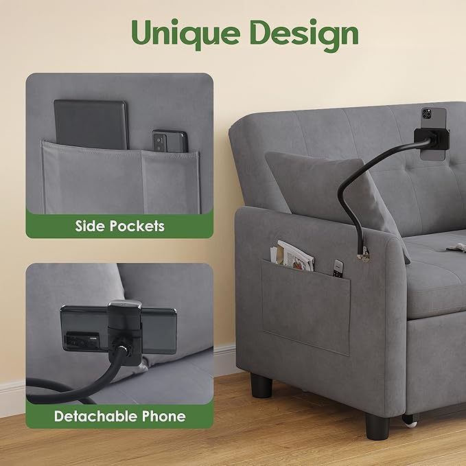 Sleeper Sofa Bed 3 in 1 Convertible Sleeper Couch Bed Pull Out Small Loveseat Sofa Futon Sofa Bed 46 Velvet Love Seat with Pillow and Phone Holder for Living Room Grey