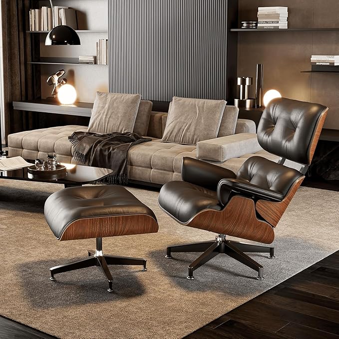 Mid Century Chaise Lounge Chair and Ottoman Reading Chair Leather Accent Chair Modern Chair Classic Design Heavy Duty Base Support for Living Room (Palisander-Black Tall)