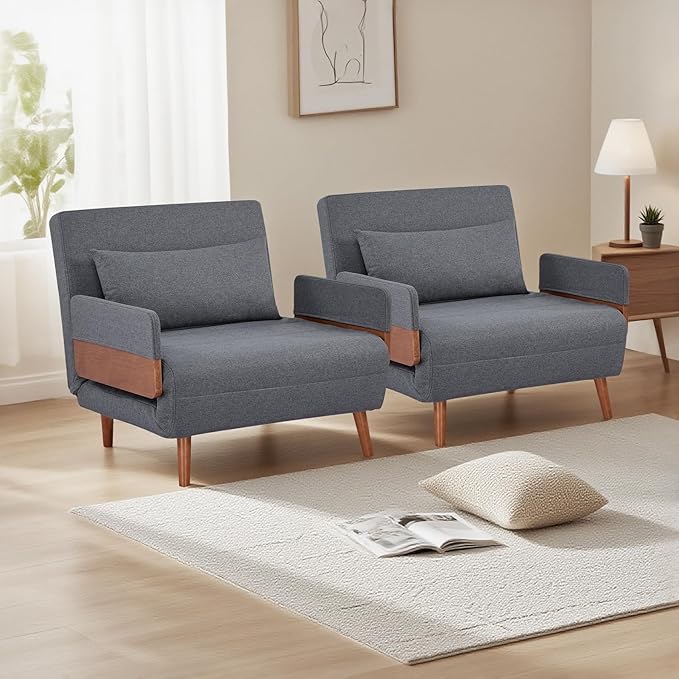 2 Sets 34 Convertible Sleeper Chairs 3-in-1 Chair Bed Sleeper for Adults with Adjustable Backrest Pillows &amp Wooden Arms 2 Piece Sofa Bed Sets for Living Room Apartment Office Gray