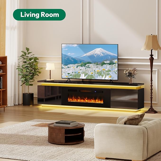 Fireplace TV-Stand with 40 Fireplace - 2 LED fire Place TV Stand for 90 95 Inch TVs - Entertainment Center with 4 AC Power Outlets - TV Consoles Stand for Living Room Gloss Black