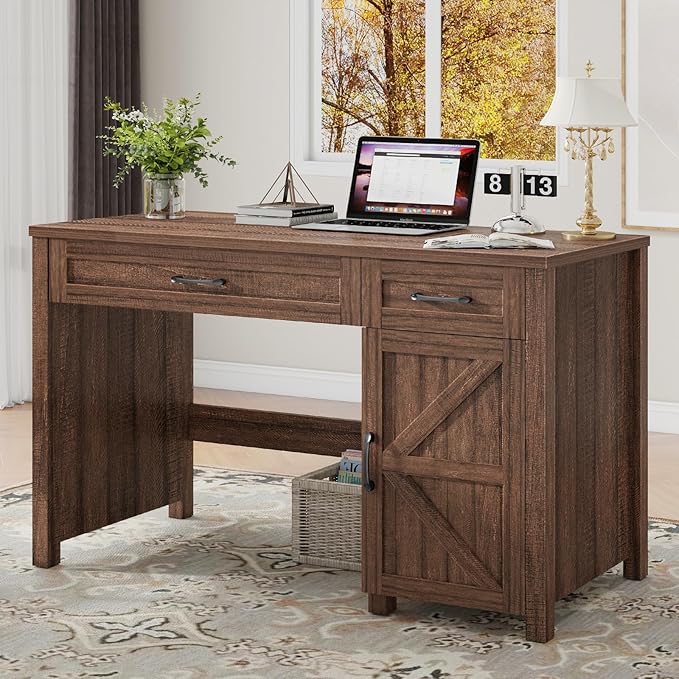 Vabches Farmhouse 47 Executive Desk Computer Desk with Drawers and Storage Cabinet Workstation Computer Desk for Home Office Study.Red-Brown
