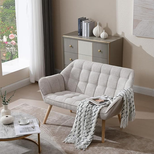 Loveseat Sofa 48 inch Love Seat for Living Room Comfy Linen Small Couch with Wood Legs for Bedroom Small Space Apartment Office Beige