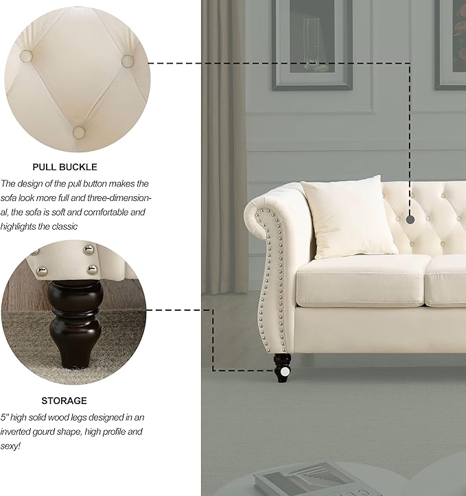 59 Chesterfield Loveseat Velvet Sofa for Living Room2-Seater Sofa Tufted Couch with Two PillowsRolled Arms and Nailhead for Living Room Bedroom OfficeBeige