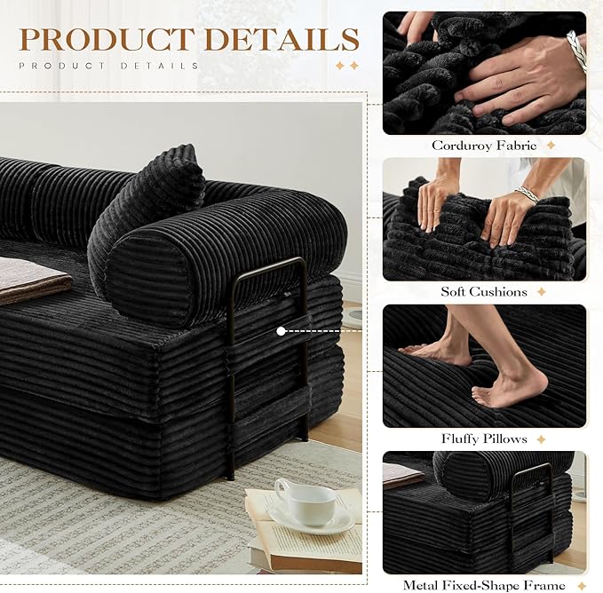 78.5W Convertible Folding Sofa Bed Corduroy Upholstered Queen Size Foam Floor Couch with Fixed-Shaped Frame Loveseat Sleeper Compression Sofa Foldable Mattress for Living Room Bedroom(Black)