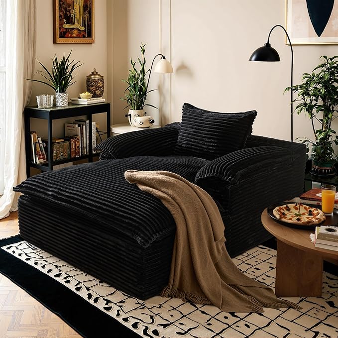 ovios 67 Boneless Lounge Chaise with Cloud Plush Sofa Bed No Assembly Required Fluffy Modern Sleeper Single Chair for Indoor Living Room Bedroom Reading (Black (Plush Corduroy Fabric)) | No Assembl