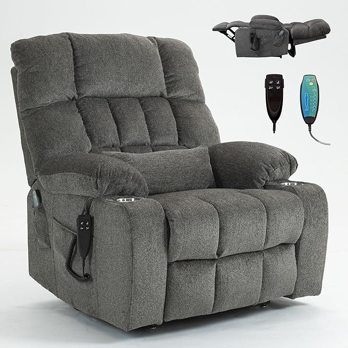 Oversized Power Recliner Chair for Big and Tall 400 LBS 25.5 Extra Wide Electric Lift Chair with Heat and Massage Dual Motor 180° Lay Flat Recliner Living Room Sofa Chenille Big Lift Chair