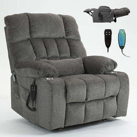 Oversized Power Recliner Chair for Big and Tall 400 LBS 25.5 Extra Wide Electric Lift Chair with Heat and Massage Dual Motor 180° Lay Flat Recliner Living Room Sofa Chenille Big Lift Chair