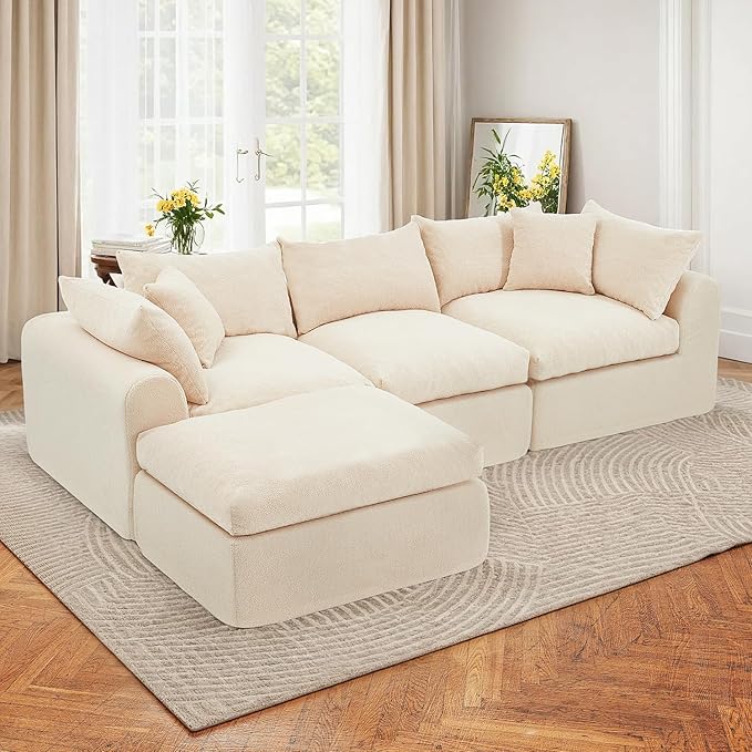 AVAWING 113 Modular Sectional Sofa Modern L Shaped Cloud Couch with Deep Seat &amp Ottoman Soft Boneless Sofa with Chaise for Living Room &amp Bedroom No Assembly Needed (Beige)