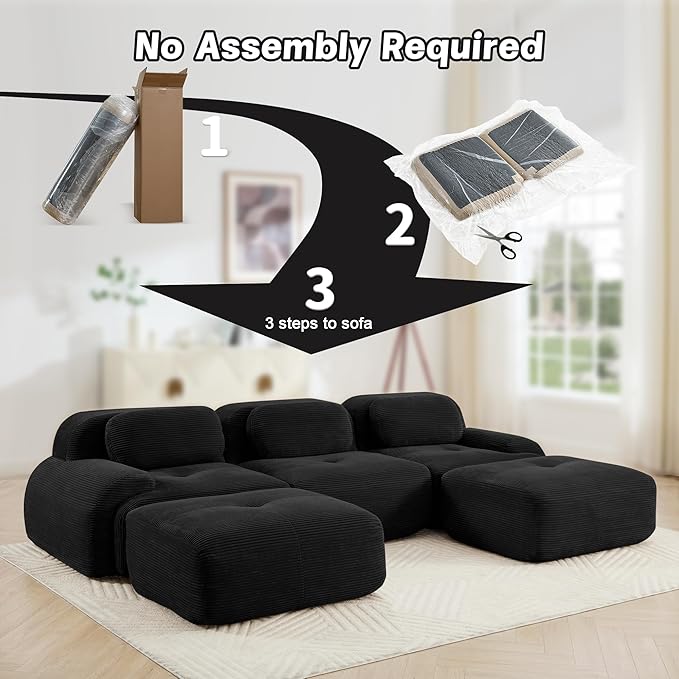 117 Foam Compressed Cloud Sofa28 Feep Seat Pet-Friendly Corduroy Oversize Sectional Couch with 2 Movable Ottomans 3 Seater Modular Cloud Couch for Living Rooms Apartments Leisure RoomsBlack