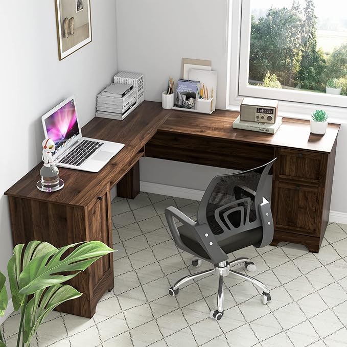 Tangkula L-Shaped Office Desk with Storage Drawers &amp Keyboard Tray Home Office Corner Computer Desk with Cabinet &amp Inner Adjustable Shelf Space-Saving Study Writing Desk Computer Workstatio