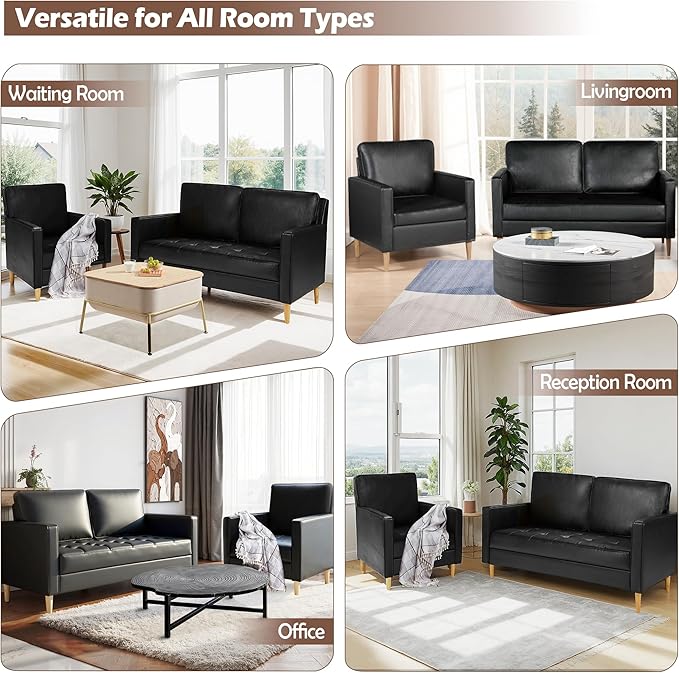 AILEEKISS Mid-Century Sectional Sofa Set for Living Room Faux Leather Office 2 Pcs Couch Set with Armrest Modern Upholstered Loveseat Couches (1-Seater+2-Seater Black)