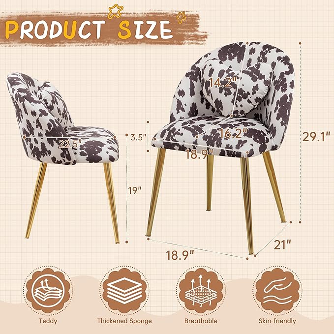 Vanity ChairAccent Makeup Comfy Cute Desk Girls Fluffy Chairs for Bedroom No Wheels Gold Metal Legs Stool (Cow Velvet)