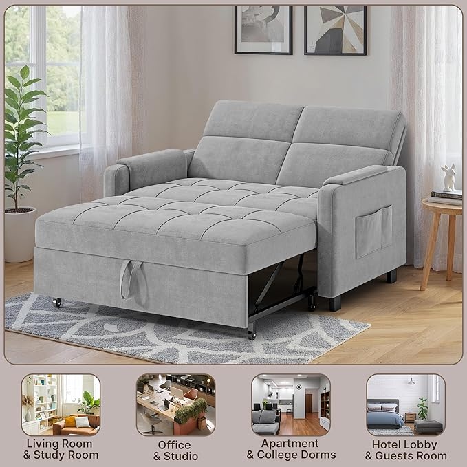 Gizoon Convertible Sofa Bed 3-in-1 Pull Out Couch 5-Position Adjustable Backrest &amp Side Pockets Modern Small Loveseat Sleeper Sofa for Living Room Apartment Dorm Studio Guest Room Light Gr