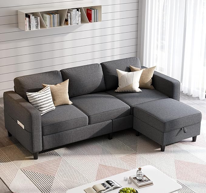 Sectional Sofas Couches for Living Room 78 L-Shaped Small Couch - Modern Linen Dark Grey Sofa with Storage Ottoman for Apartments Studios Home Offices Small Space
