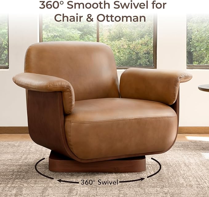 CHITA Genuine Leather Swivel Chair with Storage Ottoman Modern Living Room Accent Chair with Lounge Seat for Bedroom Office Saddle