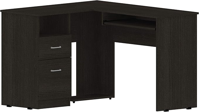 Home Office Desk Glendale 2-Drawer 1-Shelf L-Shaped Computer Desk Black Wengue for Study Office Small Apartment