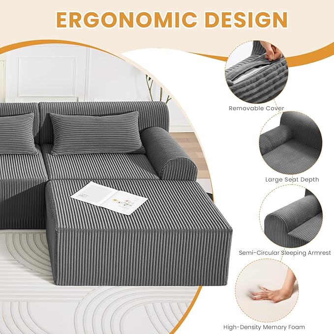 Oversize Boneless Couch for Living Room Comfort L Shaped Cloud Couch Sectional with Deep Seat and Movable OttomanModular Sectional Sofa with 5 PillowsNo Assembly RequiredGrey