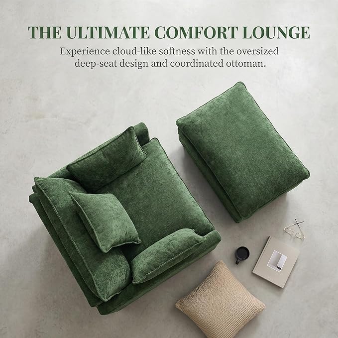 39.4 Oversized Modern Accent Chair with Ottoman Chenille Upholstered Club Chair for Living Room &amp Bedroom Reading Chair 350 lbs Weight Capacity (Green 1 Seat)
