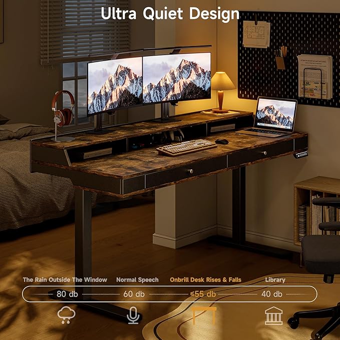 ONBRILL Standing Desk with Drawers 63x23.6 Electric Stand Up Desk with Storage Shelf and Memory Controller Sit Stand Desk Adjustable Height from 28-46 for Computer Workstation Rustic Brown