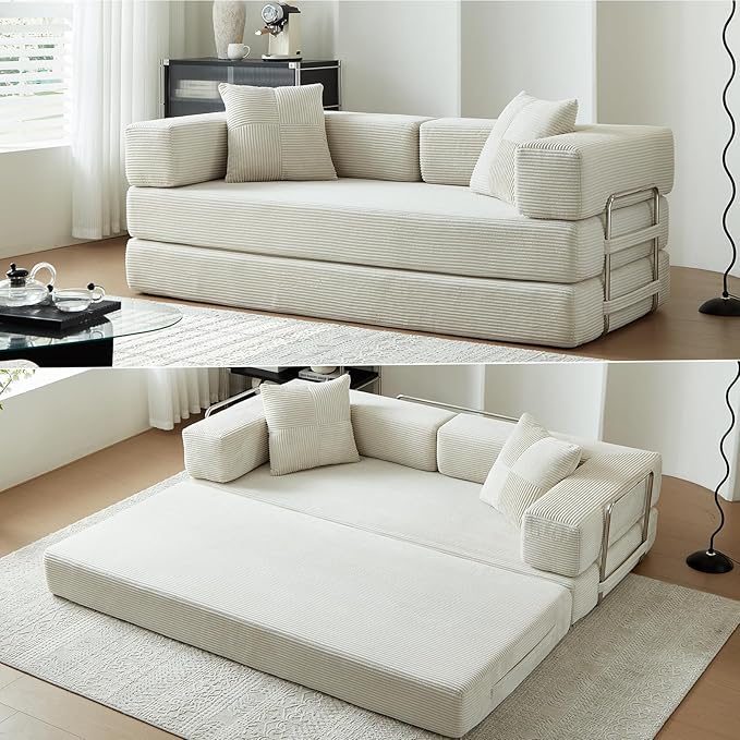 79 Boneless Sofa Bed 5-in-1 No-Assembly Convertible Sleeper Couch with Fixed Frame Armrests Modular Corduroy Futon Compressed in a Box for Space Saving (Beige Includes 2 Pillows)