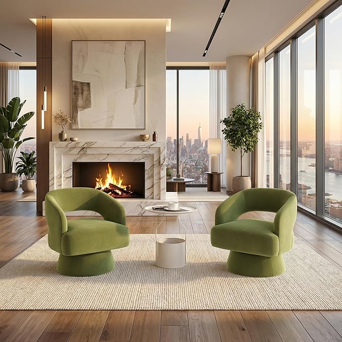 GarveeHome Modern Swivel Barrel Accent Chair 360° Velvet Upholstered Armchair with Striped Backrest &amp Plush Padding Comfy Round Lounge Chair (2 Green + Hollowed)