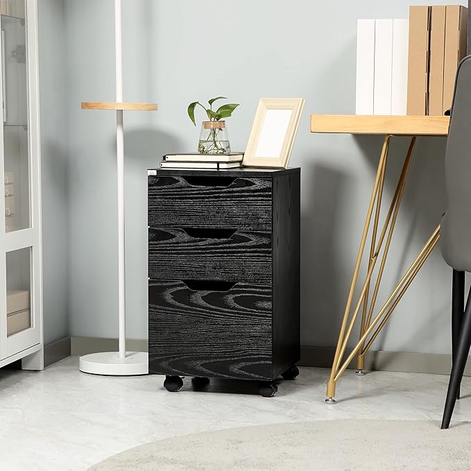 3 Drawer Small File Cabinet with Lock Under Desk Storage Cabinet Organizer with Wheels Locking Filing Cabinet for Home OfficeBlack