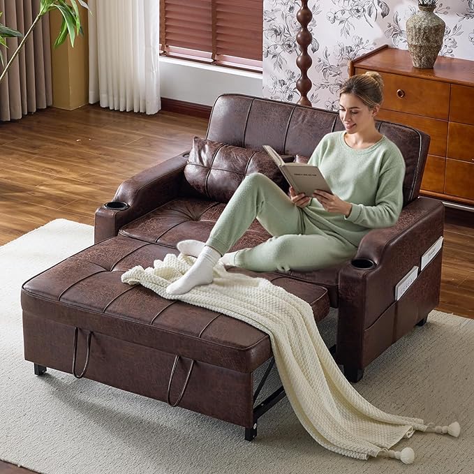 VINGLI Rustic Futon Sofa Bed Convertible Loveseat Sleeper Sofa Couch Pullout Sofa Fold Out Couch Bed with USB Ports Cup Holders Armrest for Living Room Bedroom Apartment Room | Loveseat Sleeper