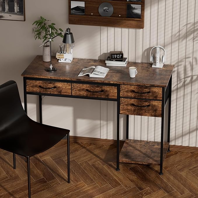 Office Gaming Desk with Drawers &amp Large Storage Shelf Modern Work Desk for Home Office Rustic Brown