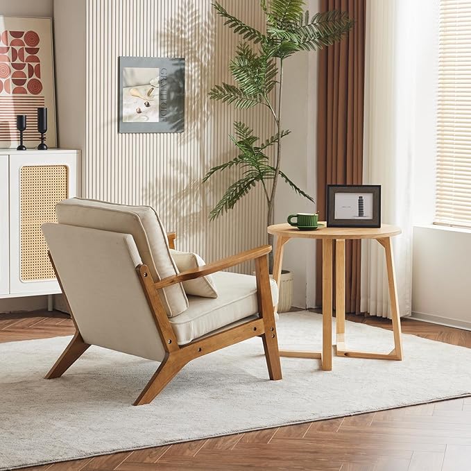 Karl home Accent Chair Wide Armrest Mid-Century Lounge Chair Linen Fabric Armchair with Lumbar Pillow &amp Solid Wood Frame for Living Room Bedroom Balcony Beige