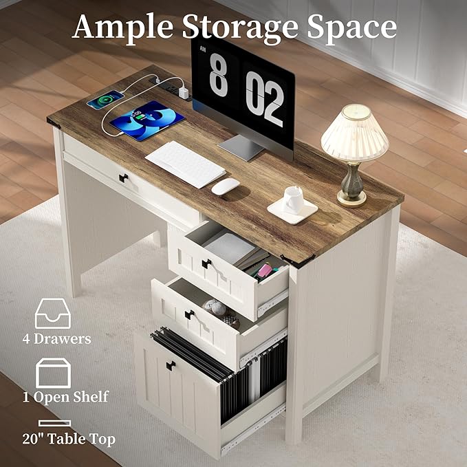 Executive Desk Farmhouse Computer Desk with Drawers &amp Cabinet Home Office Desk for Work Study Writing Workspace (Antique White 45)
