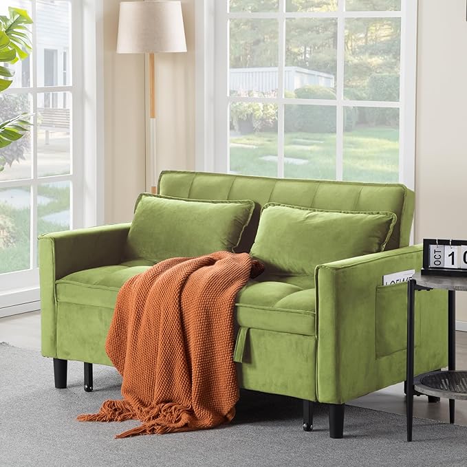3 in 1 Convertible Sofa Bed Love Seat Sleeper Bed with Side Pockets Velvet Fabric Pull Out Couch with Adjustable Backrest for Living Room Bedroom Apartment Olive Green
