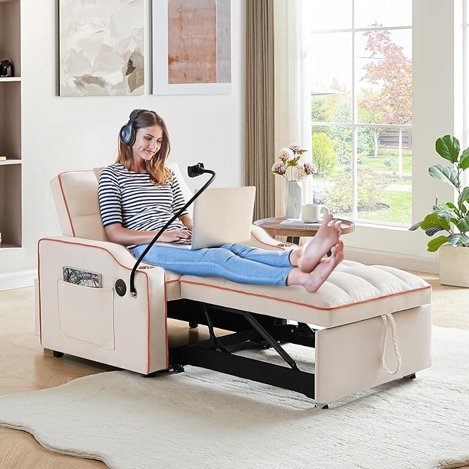 KINFFICT Sleeper Sofa Chair Bed Convertible 3-in-1 Sofa Armchair Adjustable Sleeper Chairs with Pullout Bed Single Lounger Futon Chairs with Side Pockets for Living Room (Beige)