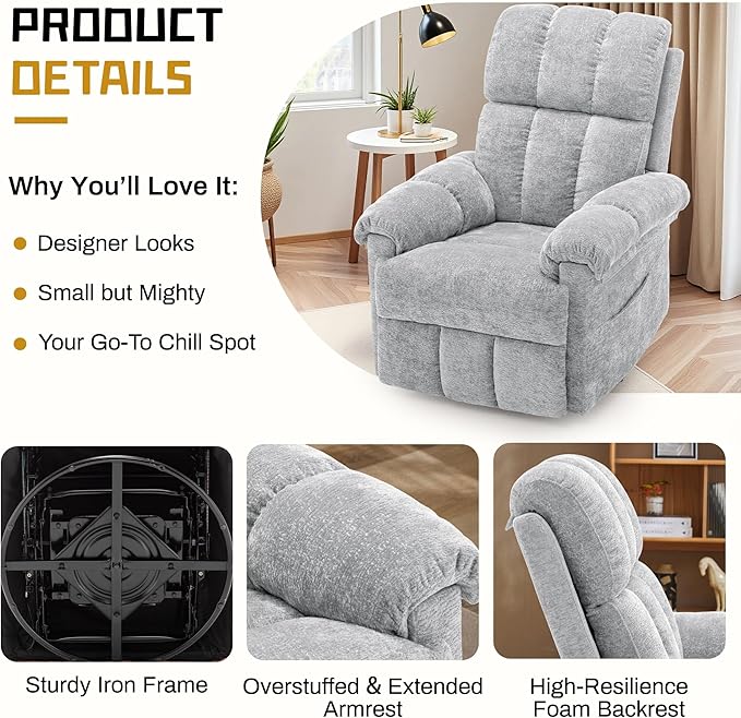 Recliner Chair Swivel Rocker Recliner Chair for Adults Small Recliners for Small Spaces Manual Recliner Chair with Side Pockets Nursery Rocking Chair for Living Room Chenille Silver Grey