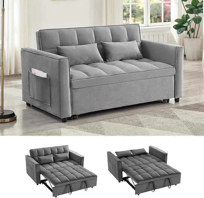 Loveseat Sleeper Sofa 3 in 1 Convertible Sofa Bed Adjustable Backrest Comfy Pull Out Couch Modern Upholstered Sofa for Living Room Bedroom Apartment Small Space (a-Grey)