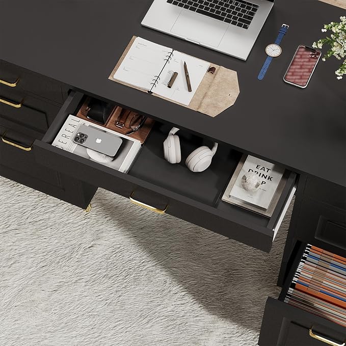 Black Desk with 7 Drawers 57 Executive Desk with Storage Black and Gold Desk for Home Office Makeup Vanity Desk with Golden Handle
