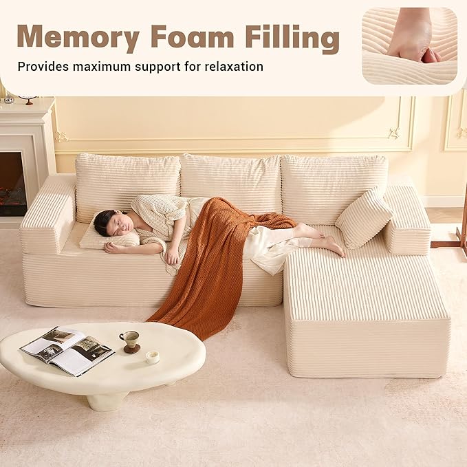 107 Boneless Couch with Deep Seat Set of Modular Sectional Sofa Cloud Sectional Couch for Living Room No Assembly Required Corduroy L-Shape Right White