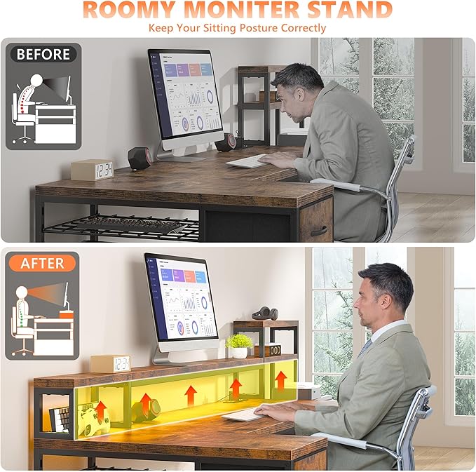 EnHomee 71 L Shaped Computer Desk with 3 Drawers &amp HutchReversible Gaming Desk with LED Lights &amp Power OutletHome Office Desks with Monitor Stand &amp Printer Shelf for Student School Rust