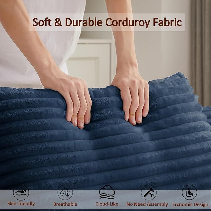 50 Chaise Lounge Chair Indoor Corduroy Lazy Sofa Bed Sleeper Chair with 3 Pillows &amp Spring Cushion Oversized Reading Chair for Living Room Apartment Blue