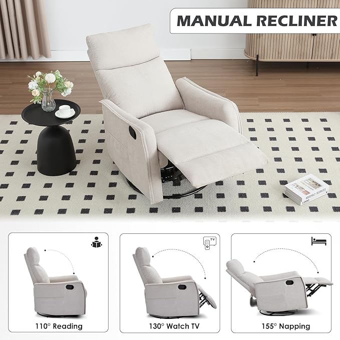 Swivel Rocker Recliner Chair 360° Swivel Recliner with Heat and Massage Rocker Recliner Nursery Glider Chair with Side Pockets for Living Room (Beige Fabric)