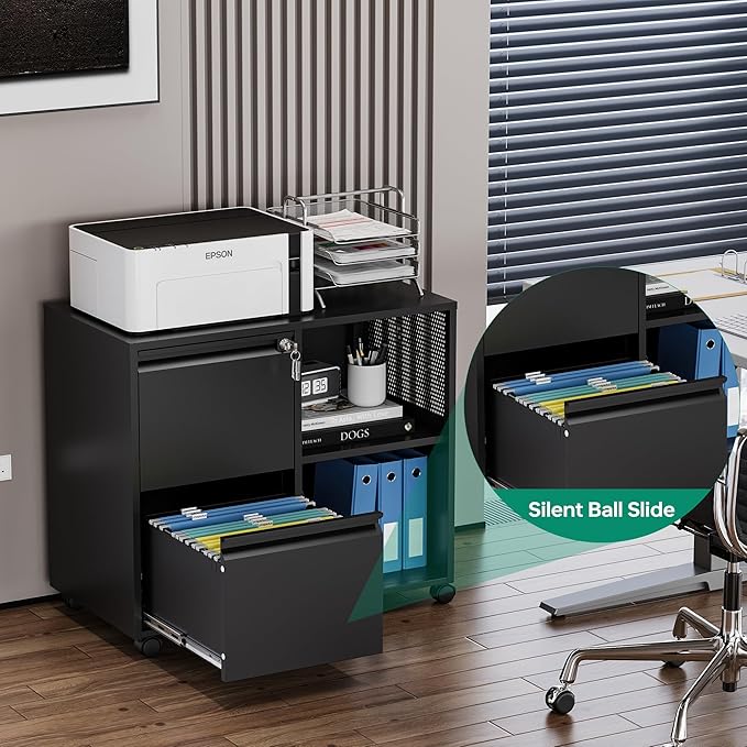 Letaya Mobile File Cabinet Metal Lateral Rolling Printer Stand Filing Cabinets with Shelves for Home Office-Storage A4/F4 (Black)