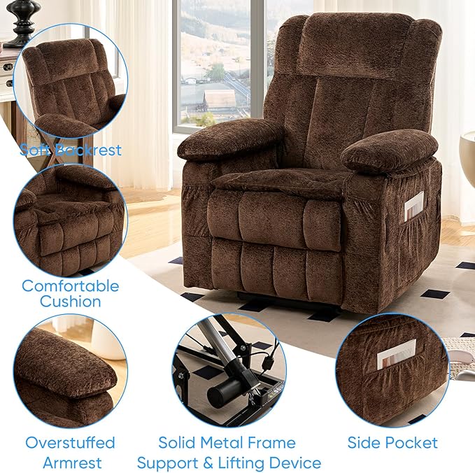 PUREMIND Power Lift Recliner Chair for Elderly Dual Motor Electric Recliner with Massage and Heat Ergonomic Massage Chairs with Side Pocket &amp Remote - Velvet Fabric Strong Support Brown