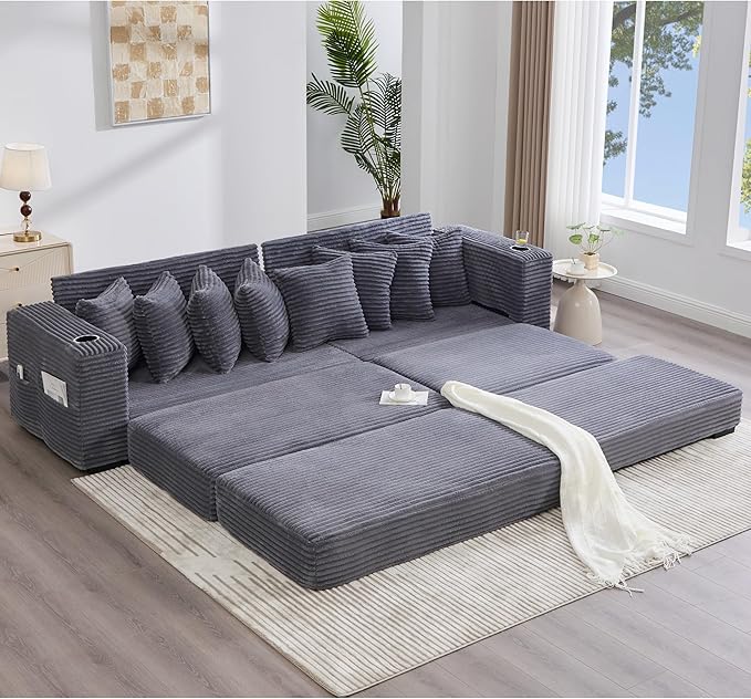 111 Inch Sleeper Sofa Bed | Convertible Cloud Sectional Couches for Living Room | L-Shaped Couch with Cup Holder Side Pocket 8 Pillpws | Dark Grey