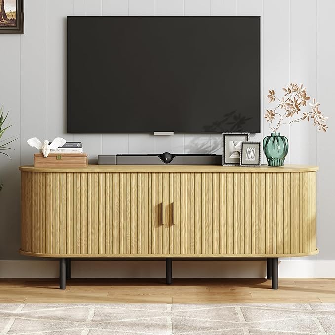 ONBRILL 63 TV Stand with Power Outlet for TVs up to 70 Inch Entertainment Center with Storage and Adjustable Shelves Modern Media Console with Sliding Doors for Living Room Oak