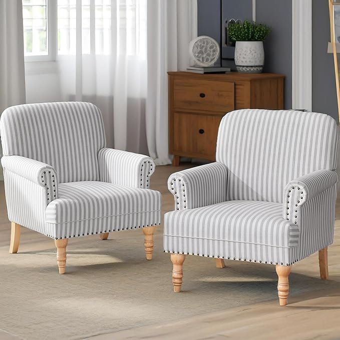 HUIMO Linen Fabric Accent Chairs Set of 2 Mid-Century Modern Armchair with Solid Wood Legs Single Sofa ChairUpholstered Reading Club Chair (2 Light Grey and White Stripe)