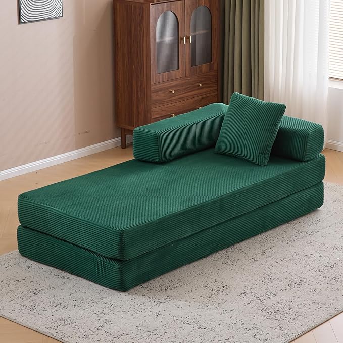 Antetek Modular Futon Sofa Bed Convertible Folding Corduroy Comfy Memory Foam Floor 3 Seater Loveseat Sleeper Sofa Couch Bed Chaise Lounge with 2 Pillows for Guest Room Living Room Office Green
