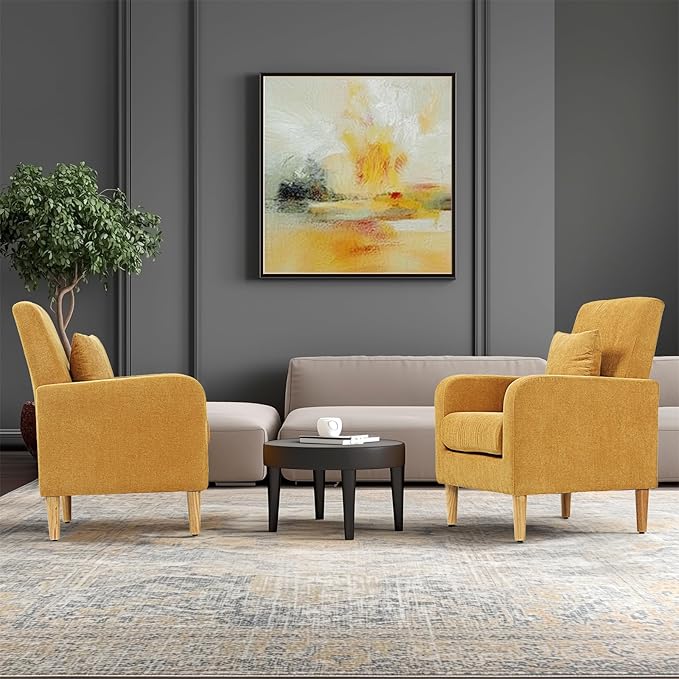 Upholstered Sofa Chair with Pillow Fabric Accent Armchair with Wooden Legs Comfy Lounge Chair for Living Room Bedroom or Office Supports up to 300 lbs (Yellow)