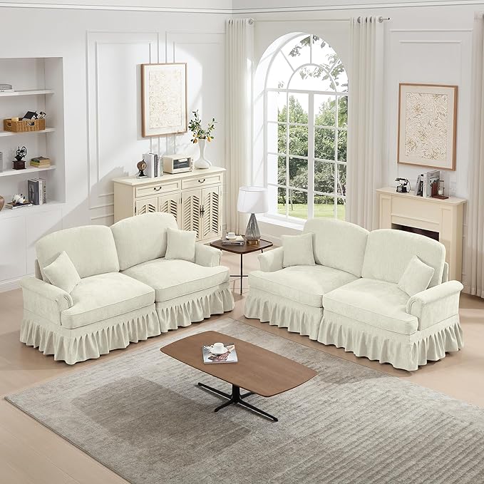 2 Piece Modular Sectional Couch Living Room Sofa Set 2 Seater+2 Seater Loveseat Sofa Sets for ApartmentRemovable Ruffles Pleats SkirtsBeige White
