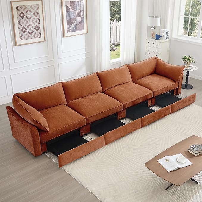 Aoowow Modular Sectional Sofa with Pullout Storage Seat 146.4” Chenille Comfy 4-Seat Sofa Couch Upholstered Deep Seat Couches with Armrests for Living Room Apartment OfficeOrange