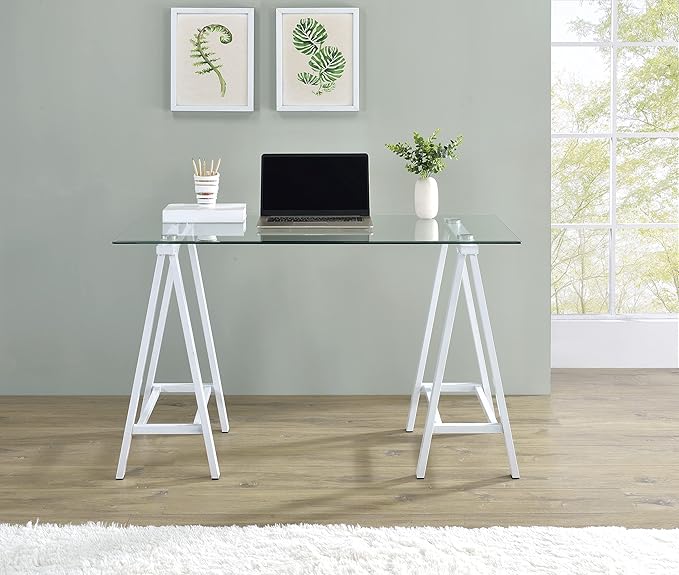 OSP Home Furnishings Middleton 47 Inch Desk with Clear Beveled Glass Top White Base